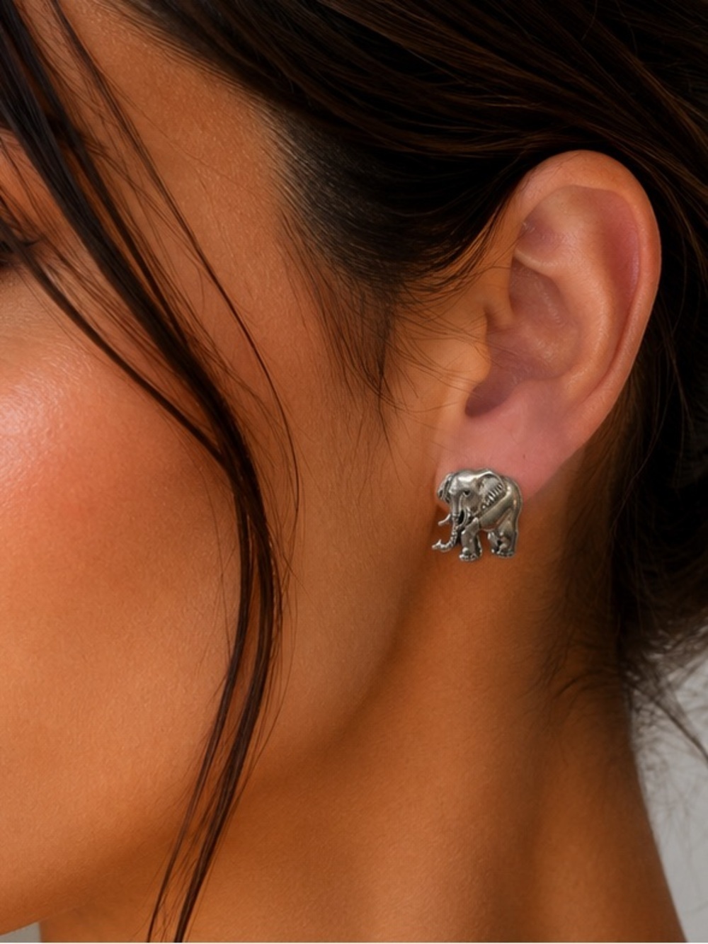 Silver Tone Elephant Novelty Stud Style Earrings Art To Wear Trunk Up